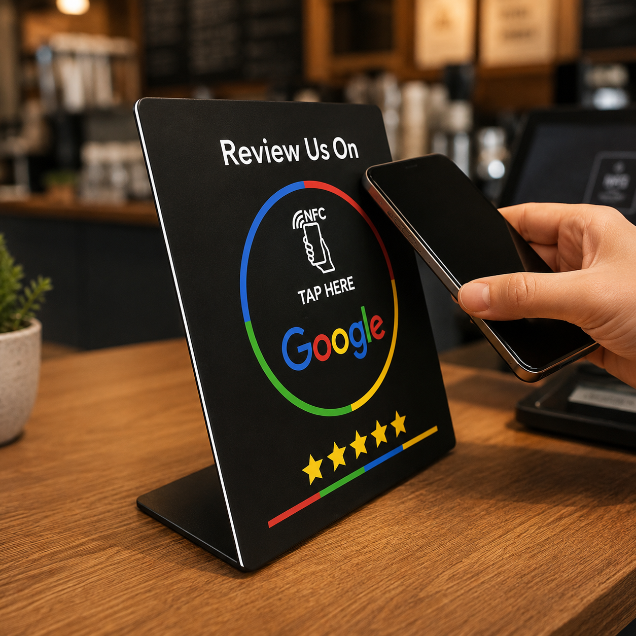 Telefoon tapt tegen een vrijstaande NFC review display in een café