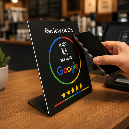 Telefoon tapt tegen een vrijstaande NFC review display in een café