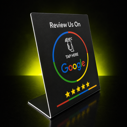 Zwarte vrijstaande NFC review display met groene verlichting