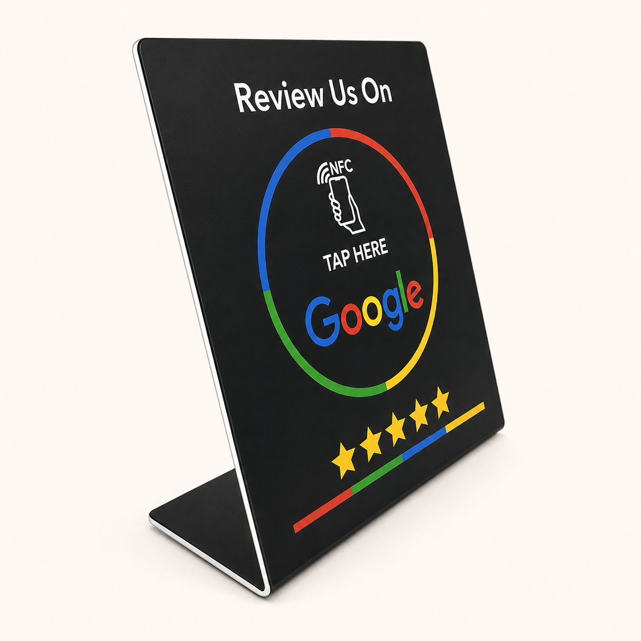 Zwarte vrijstaande NFC Google review display op lichte achtergrond